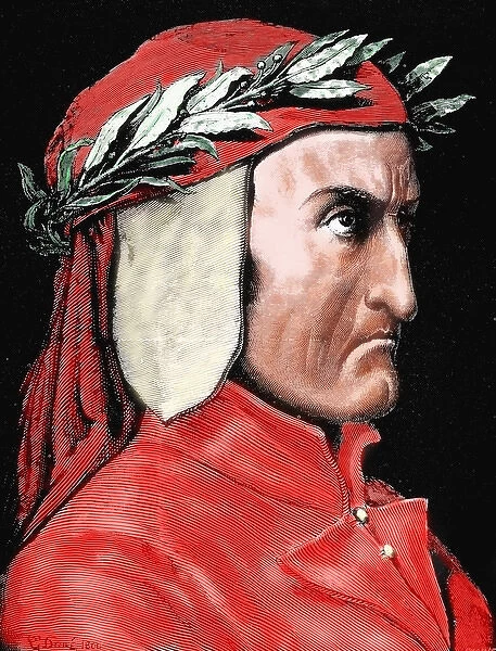 Dante Alighieri (1265-1321). Italian poet. Engraving by Pannemaker. Coloured