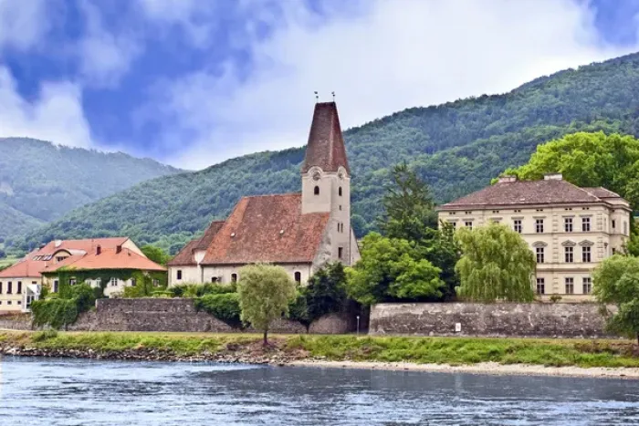 Framed Print : The Danube river and the village of Weissenkirchen, Wachau Lower Austria Framed Print : The Danube river and the village of Weissenkirchen, Wachau Lower Austria