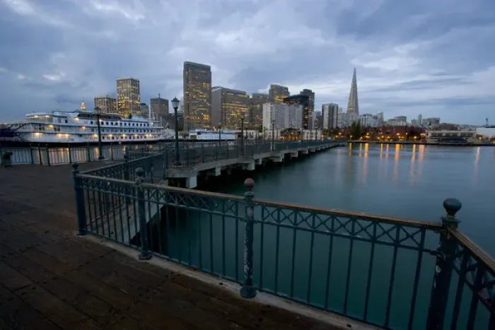 Framed Print : Dawns first light on the skyline of San Francisco From Pier 7, California