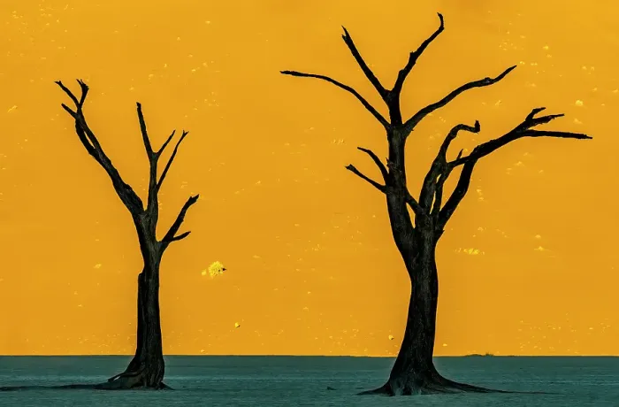 Framed Print : Deadvlei, Namibia, Africa. Portrait at sunrise over white clay pan of two camel thorn trees which died 700 years ago