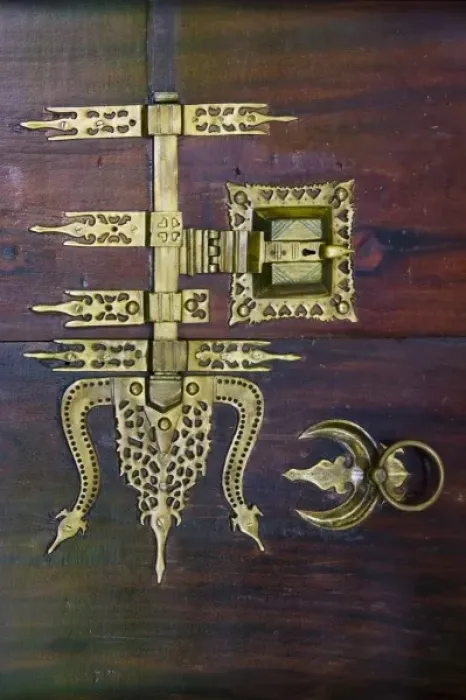 Framed Print : Decoration on traditional lock on door, Kerala, India