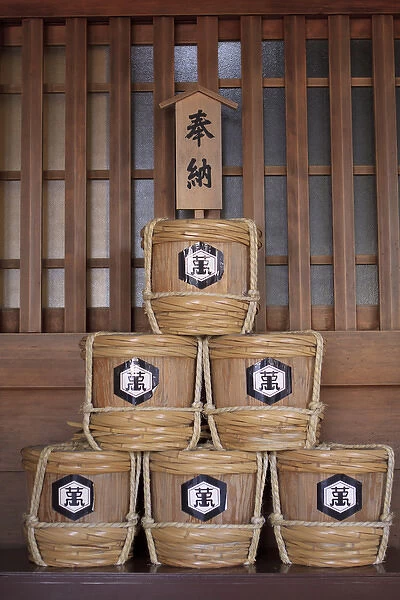 Decorative barrels of sake on display at Hokkaido Jingu in Sapporo, which