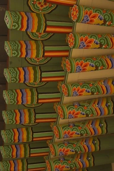 Decorative painted ceiling detail on a Changdekgung Palace Huwon garden building