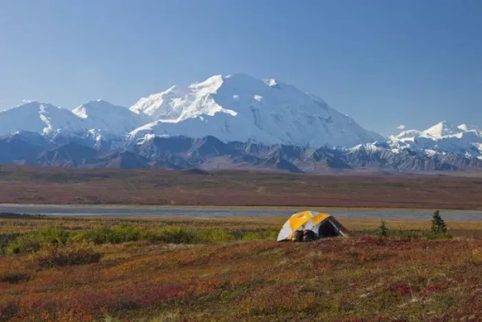 Framed Print : Denali National Park, Alaska, Mt. McKinley towers behind a camp on brilliantly colored