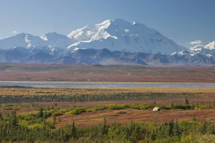 Framed Print : Denali National Park, Alaska, Mt. McKinley towers behind a camper and his tent