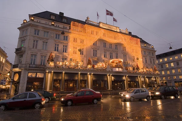 Denmark, Copenhagen, Kongens Nytorv at Christmas. Hotel d Angleterre