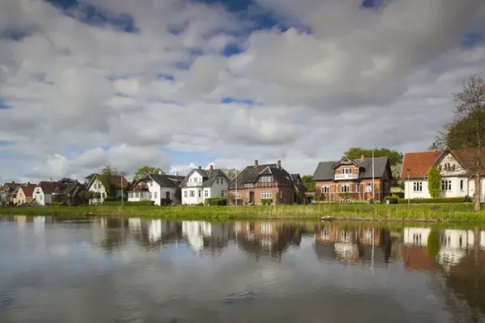 Framed Print : Denmark, Jutland, Ribe, buildings by the Ribe River