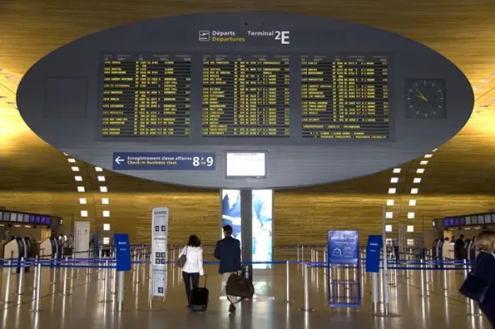 Framed Print : Departure board located in the Paris-Charles de Gaulle Airport, Paris, France