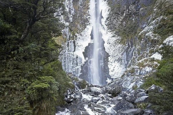 Devils Punchbowl Falls, Frozen in Winter, Arthurs Pass, Canterbury, South Island