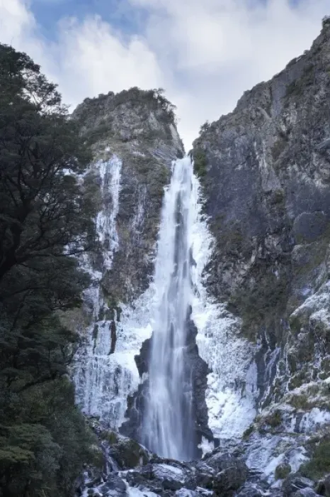 Framed Print : Devils Punchbowl Falls, Frozen in Winter, Arthurs Pass, Canterbury, South Island