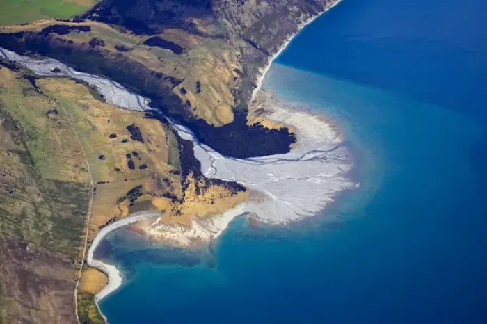 Framed Print : Dingle Burn entering Lake Hawea, South Island, New Zealand - aerial Framed Print : Dingle Burn entering Lake Hawea, South Island, New Zealand - aerial