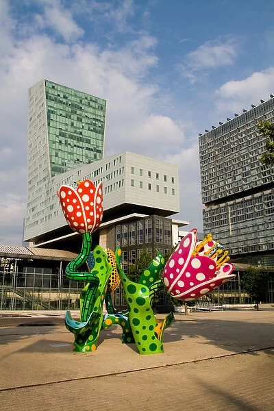Display of lillies and modern architecture in the French city of Lille France