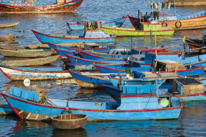 Framed Print : Distinctive red and blue fishing fleet in major fishing port of Nha Trang Framed Print : Distinctive red and blue fishing fleet in major fishing port of Nha Trang