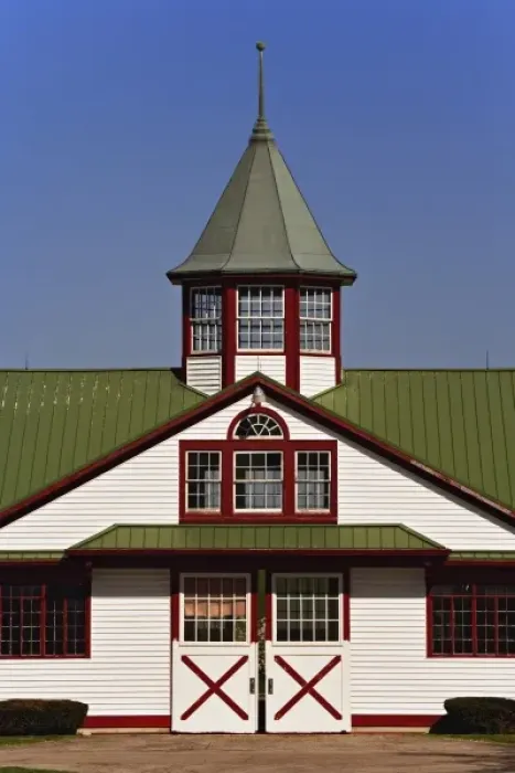 Framed Print : Distinctive red, white, and green colors of horse barn, Calumet Farm, Lexington, Kentucky