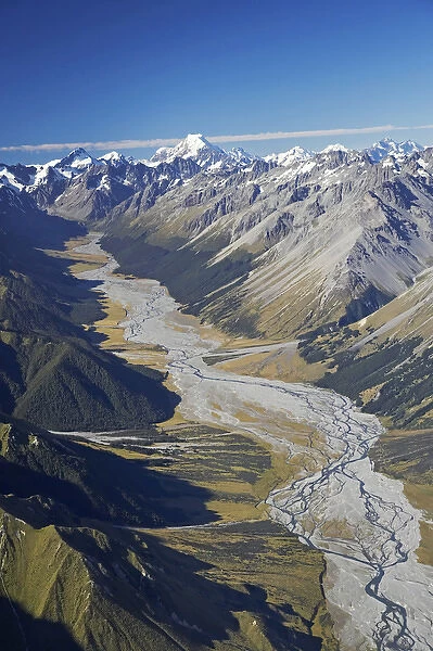 Dobson River and Aoraki  /  Mt Cook, South Island, New Zealand - aerial