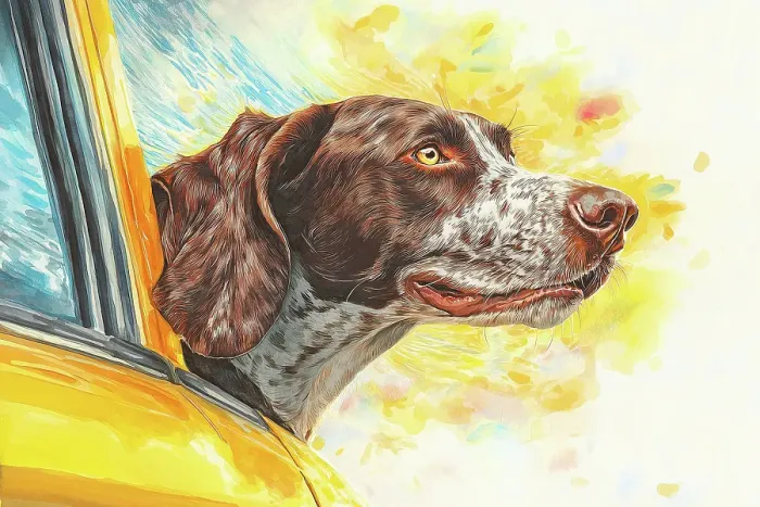 Framed Print : Dog riding with head out car window. (AI Generated)