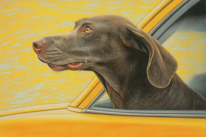 Framed Print : Dog riding with head out car window. (AI Generated)