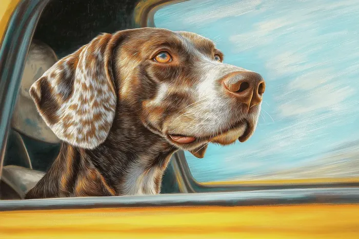Framed Print : Dog riding with head out car window. (AI Generated)