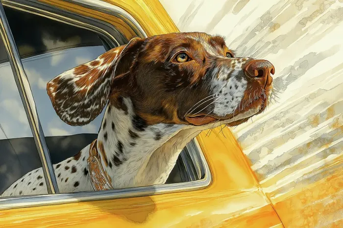Framed Print : Dog riding with head out car window. (AI Generated)