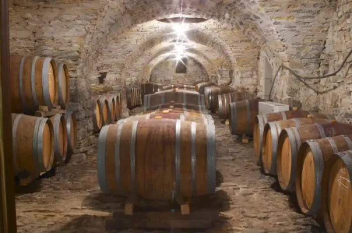 Framed Print : Domaine Cazeneuve in Lauret. Pic St Loup. Languedoc. Barrel cellar. France. Europe