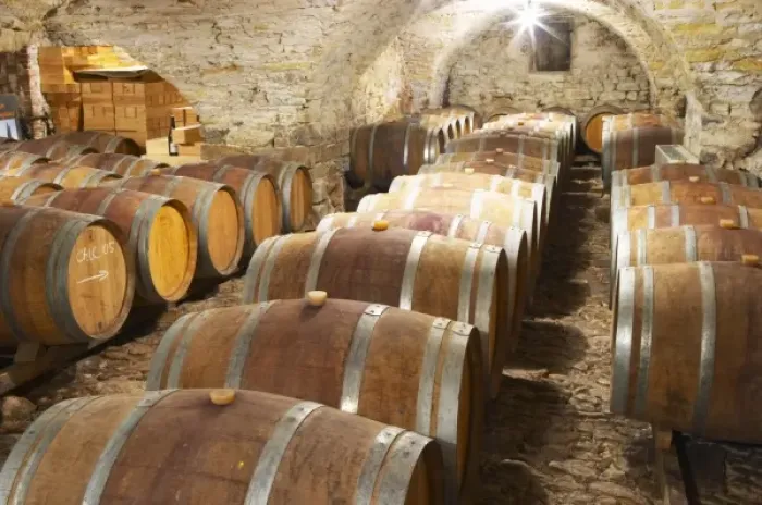 Framed Print : Domaine Cazeneuve in Lauret. Pic St Loup. Languedoc. Barrel cellar. France. Europe