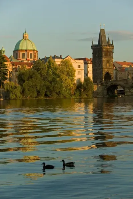 Framed Print : Dome of the Church of Saint Francis, Old Town Bridge Tower, and Charles Bridge across