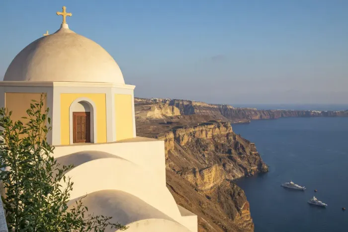 Framed Print : Domed church with steeple in town of Fira, Santorini, Greece Framed Print : Domed church with steeple in town of Fira, Santorini, Greece