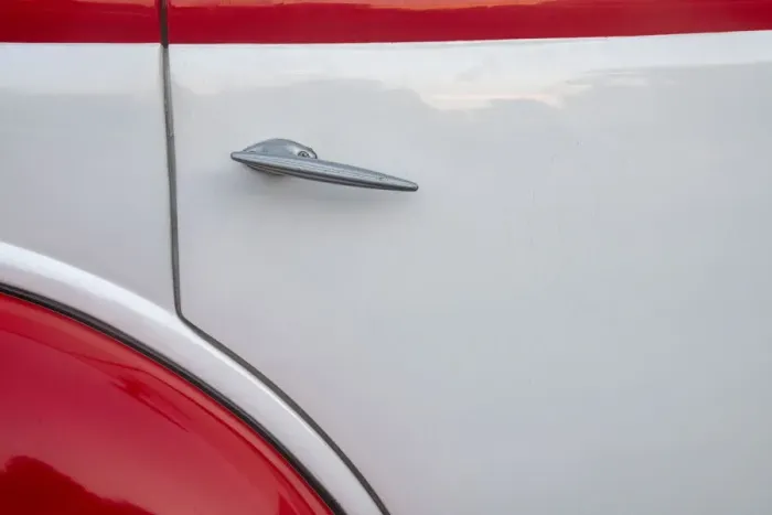 Framed Print : Detail of door on red and white classic American Ford in Habana, Havana, Cuba