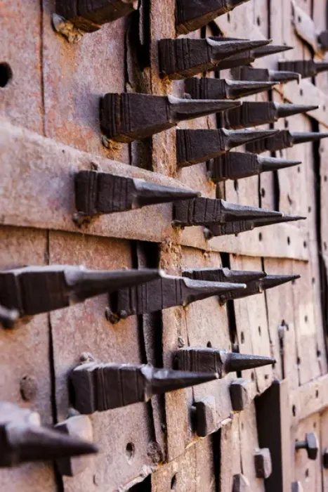 Framed Print : Door with spikes for defense against elephant attacks. 10th century. Jodhpur. Rajasthan Framed Print : Door with spikes for defense against elephant attacks. 10th century. Jodhpur. Rajasthan
