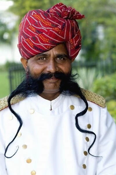 Doorman with great moustache and smile at Park Plaza Hotel in Jaipur Rajasthan India (MR)