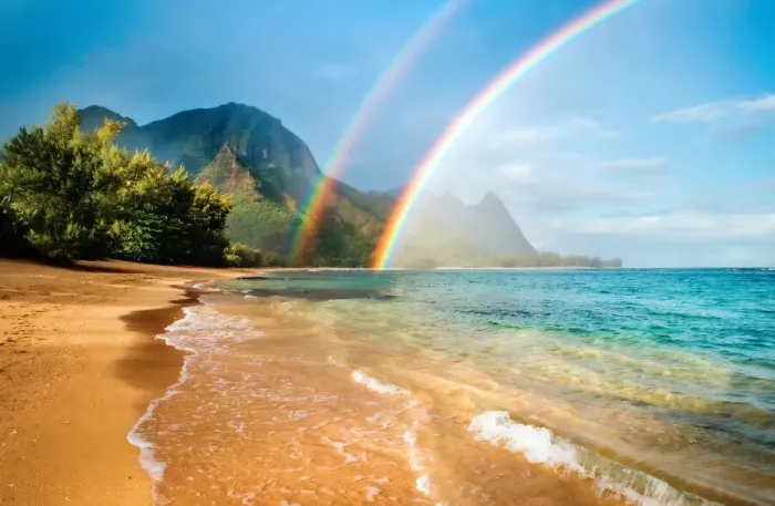 Framed Print : A double rainbow over the coastline of a Hawaiian island with mountains Framed Print : A double rainbow over the coastline of a Hawaiian island with mountains