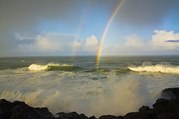 Double Rainbow, early morning; seascape; Depoe Bay; Oregon; USA
