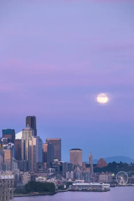 Framed Print : Downtown Seattle with a full moon rising in the evening sky, Seattle, Washington State Framed Print : Downtown Seattle with a full moon rising in the evening sky, Seattle, Washington State