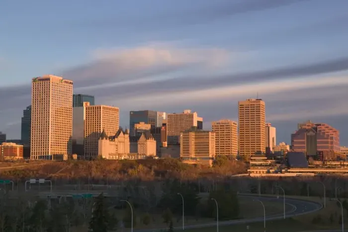 Framed Print : 02. Canada, Alberta, Edmonton: Downtown Skyline  /  Dawn
