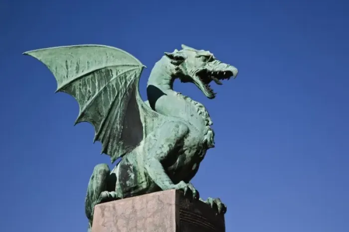 Framed Print : Dragon statue of sheet copper on the Dragon Bridge, Ljubljana, Slovenia, Art Nouveau style Framed Print : Dragon statue of sheet copper on the Dragon Bridge, Ljubljana, Slovenia, Art Nouveau style
