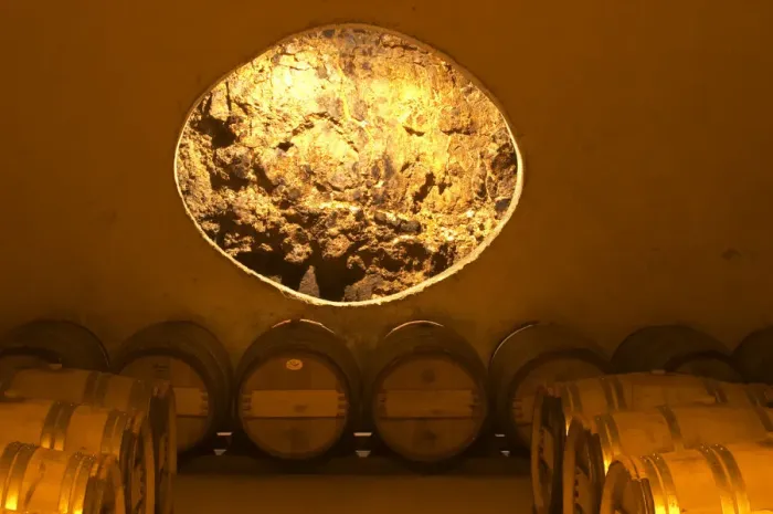 Framed Print : The very dramatic newly built underground barrel aging cellar under the winery, with