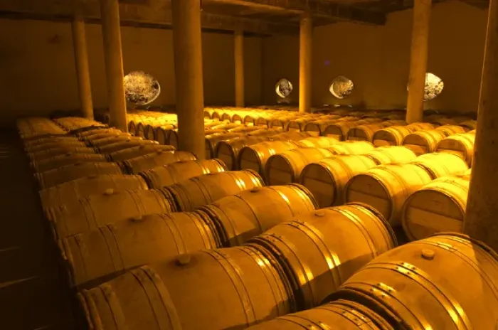 Framed Print : The very dramatic newly built underground barrel aging cellar under the winery, with Framed Print : The very dramatic newly built underground barrel aging cellar under the winery, with