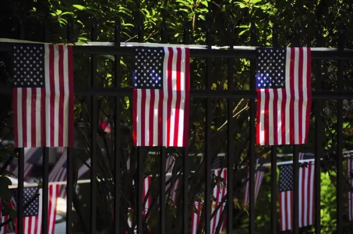 Framed Print : Draped flags, July 4th; Parade; Ridgefield; Washington; USA