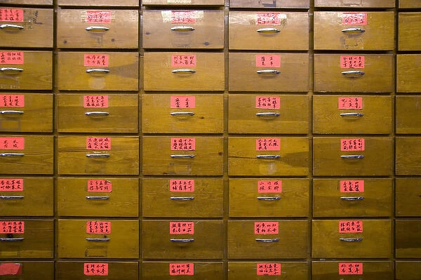Drawers containing herbs at a shop in Chinatown, Chicago, Illinois