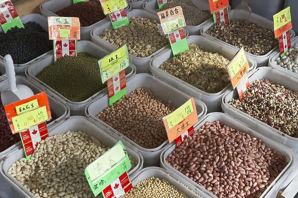 Dried legumes for sale at a market in Chinatown, Vancouver, British Columbia, Canada