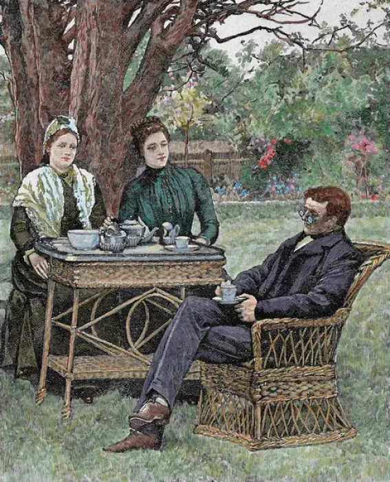 Framed Print : Drinking coffee in the garden. Colored engraving, 1876 Framed Print : Drinking coffee in the garden. Colored engraving, 1876