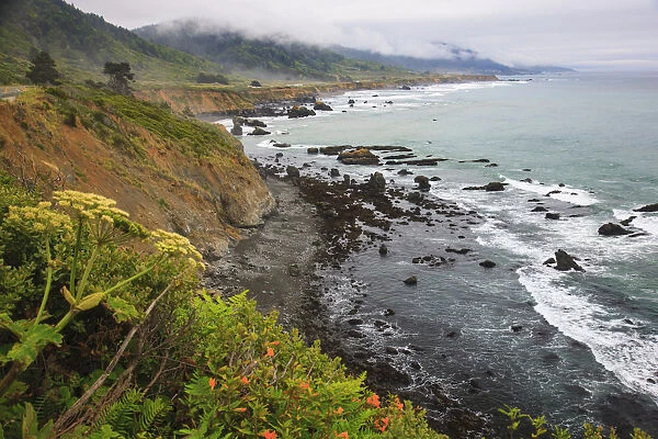 Driving on Route One along the Northern California coast. Undulating coastline with craggy rock
