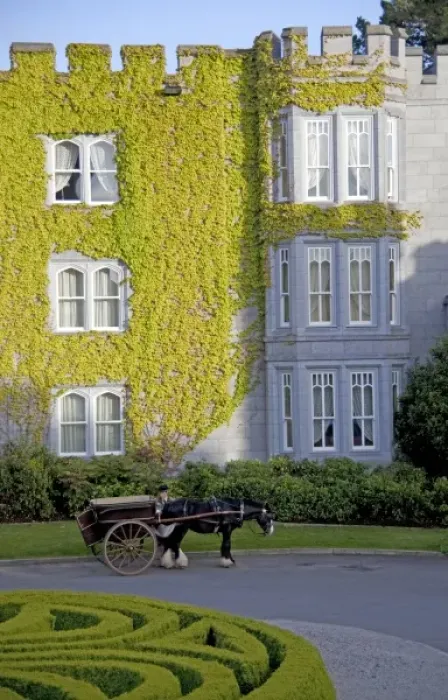Framed Print : Dromoland Castle Hotel in Ireland with a Coachman stands along side his horse drawn