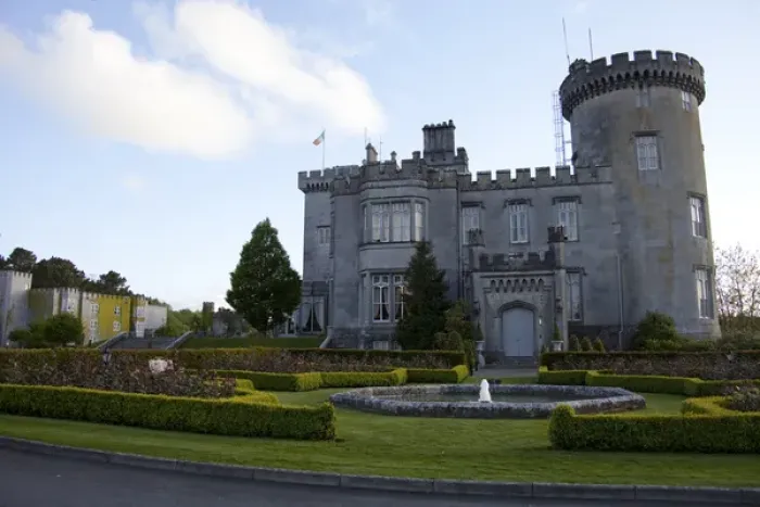 Framed Print : Dromoland Castle Hotel in Newmaket-on-Fergus, Ireland, side view with a fountain, shrubs Framed Print : Dromoland Castle Hotel in Newmaket-on-Fergus, Ireland, side view with a fountain, shrubs