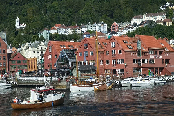 In the back drop of Bryggens ancient buildings Bergens harbor offers tours