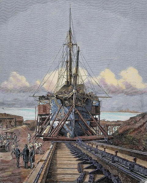 The dry dock. Barcelona. Engraving by Manchon. The Spanish and American Illustration'