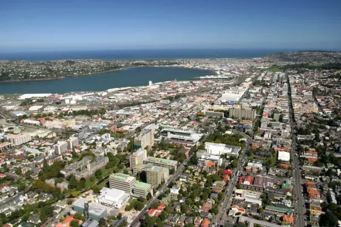Framed Print : Dunedin City & Harbour - aerial