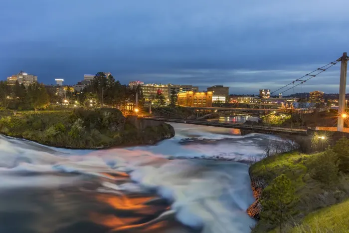 Framed Print : Dusk descends over Spokane Falls in Spokane, Washington, USA