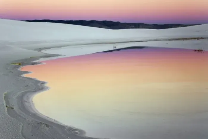 Framed Print : Dusk sky reflected in pool of water from recent rains, White Sands National Monument Framed Print : Dusk sky reflected in pool of water from recent rains, White Sands National Monument