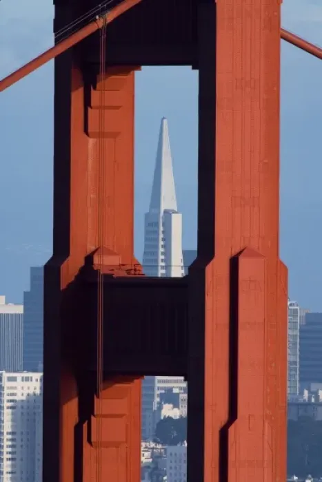 Framed Print : A dusk view of San Francisco with the Transamerica building through the Golden Gate Bridge Framed Print : A dusk view of San Francisco with the Transamerica building through the Golden Gate Bridge